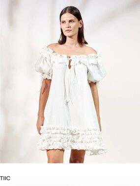 Rue Stiic Clare White Off-Shoulder Ruffle Mini Dress